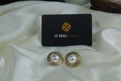 Gold toned white big pearl stud earring