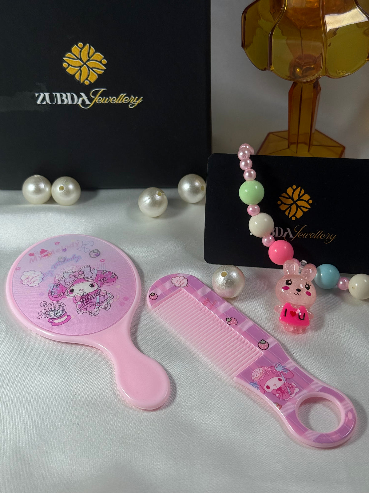 Cute Pink printed Mirror comb and necklace