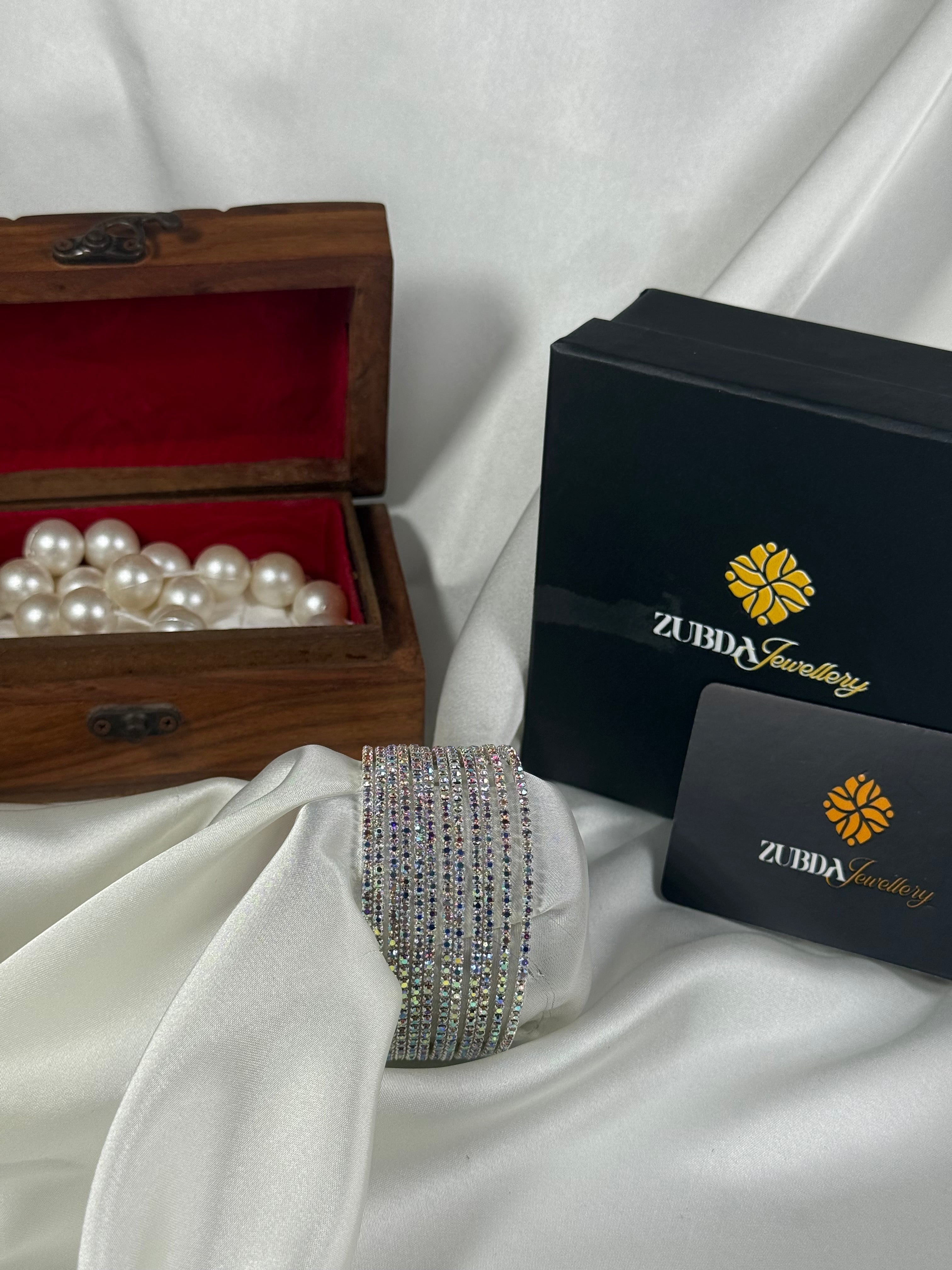 Fancy Glamorous design silver stones bangles set for girls/ women (12pcs Set)