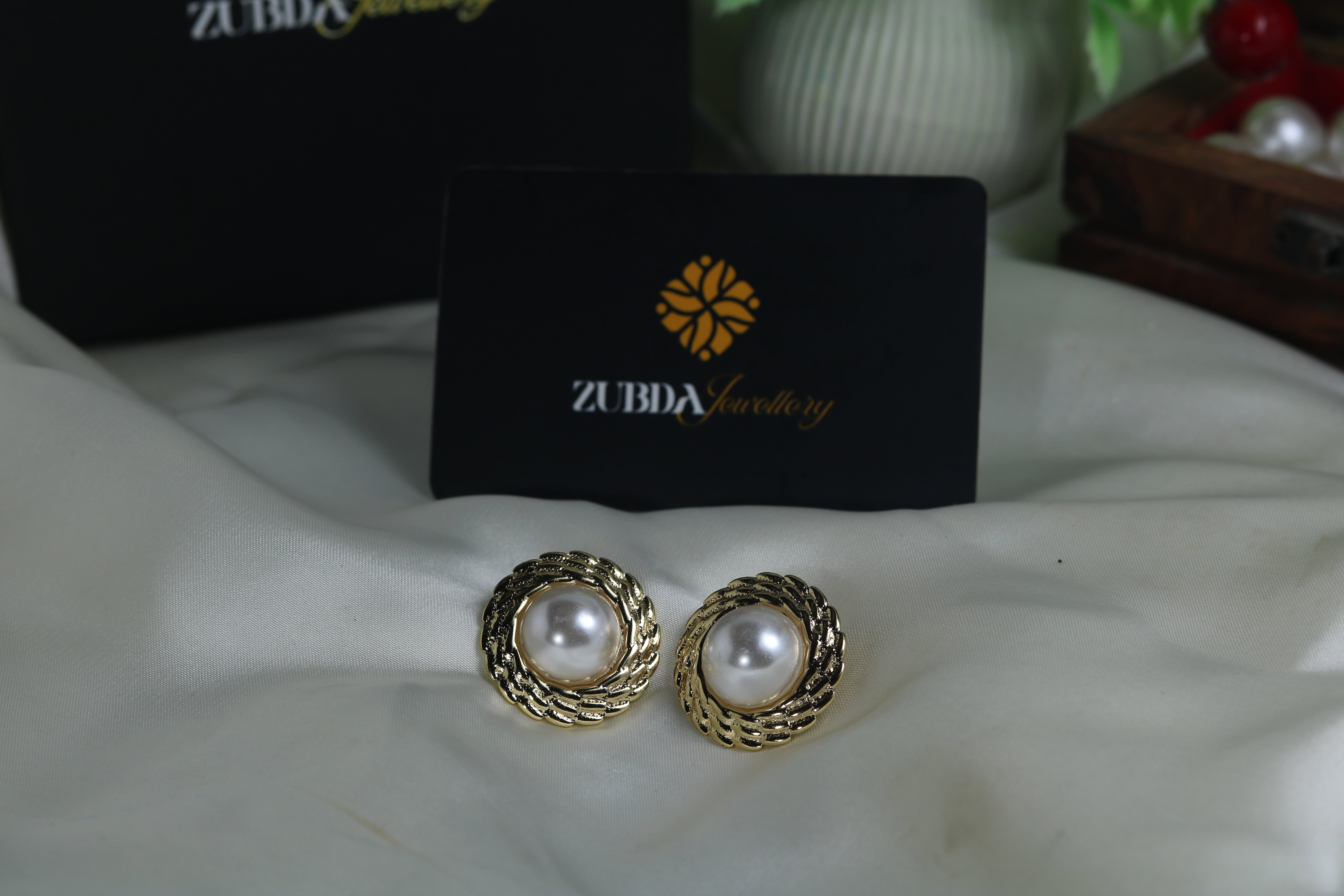 Gold toned white big pearl stud earring