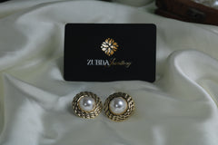 Gold toned white big pearl stud earring