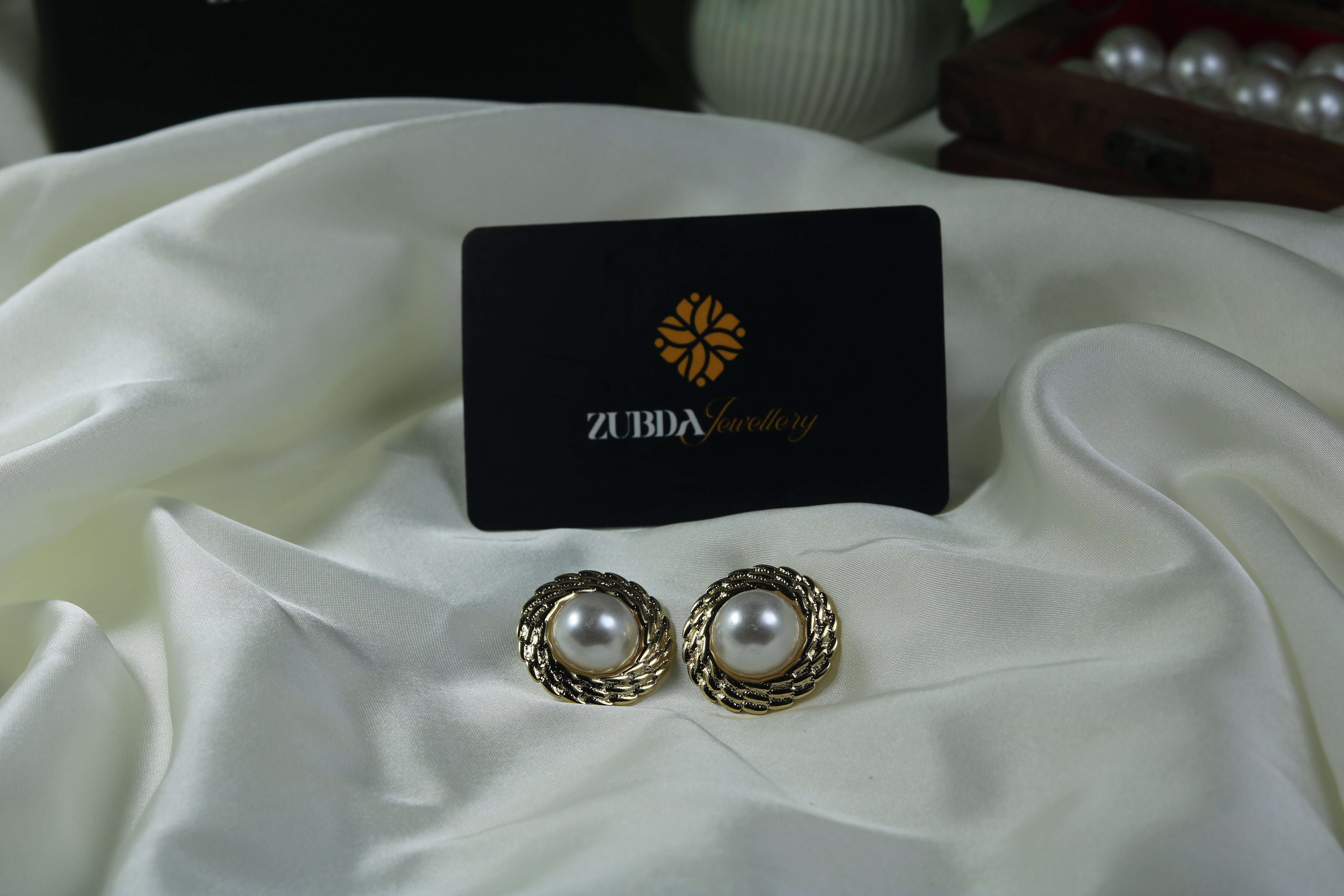 Gold toned white big pearl stud earring