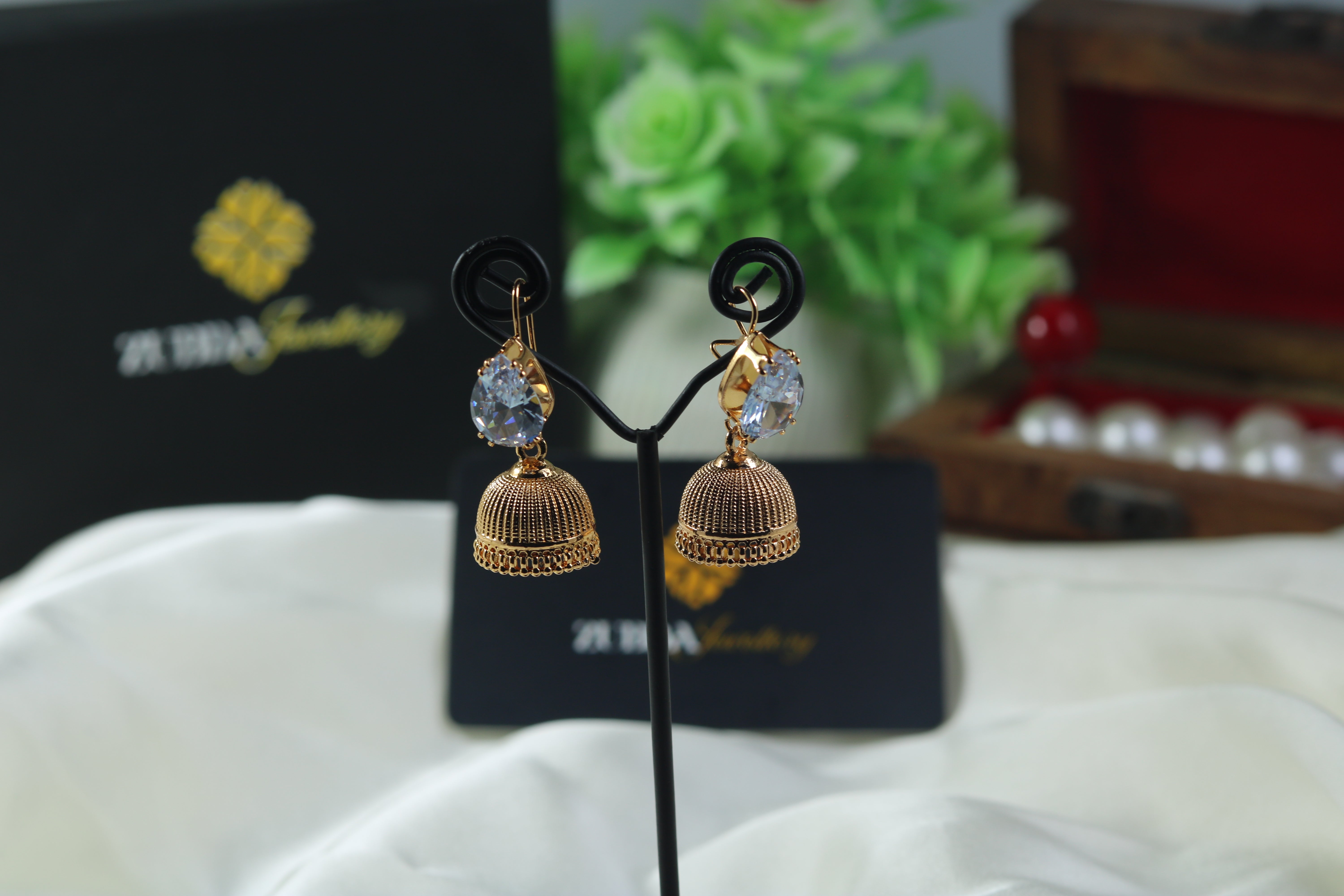 Gold plated filigree jumka with pearls